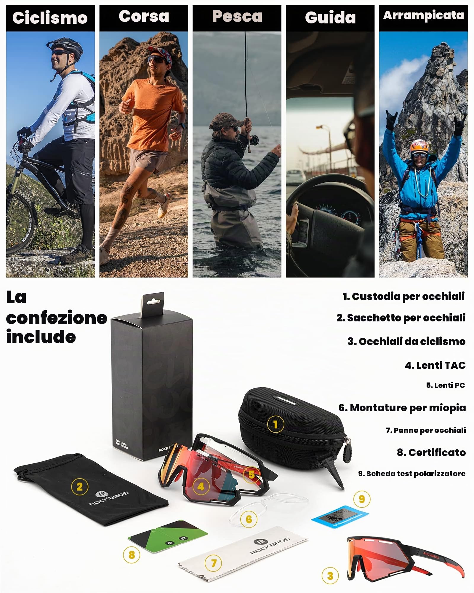 ROCKBROS Occhiali da Sole Ciclismo, Occhiali Sportivi Multifunzionali, Lenti Intercmbiabili Polarizzate & Fotocromatiche, Uomo Donna, Adatto per Bici, MTB, Corsa, Pesca