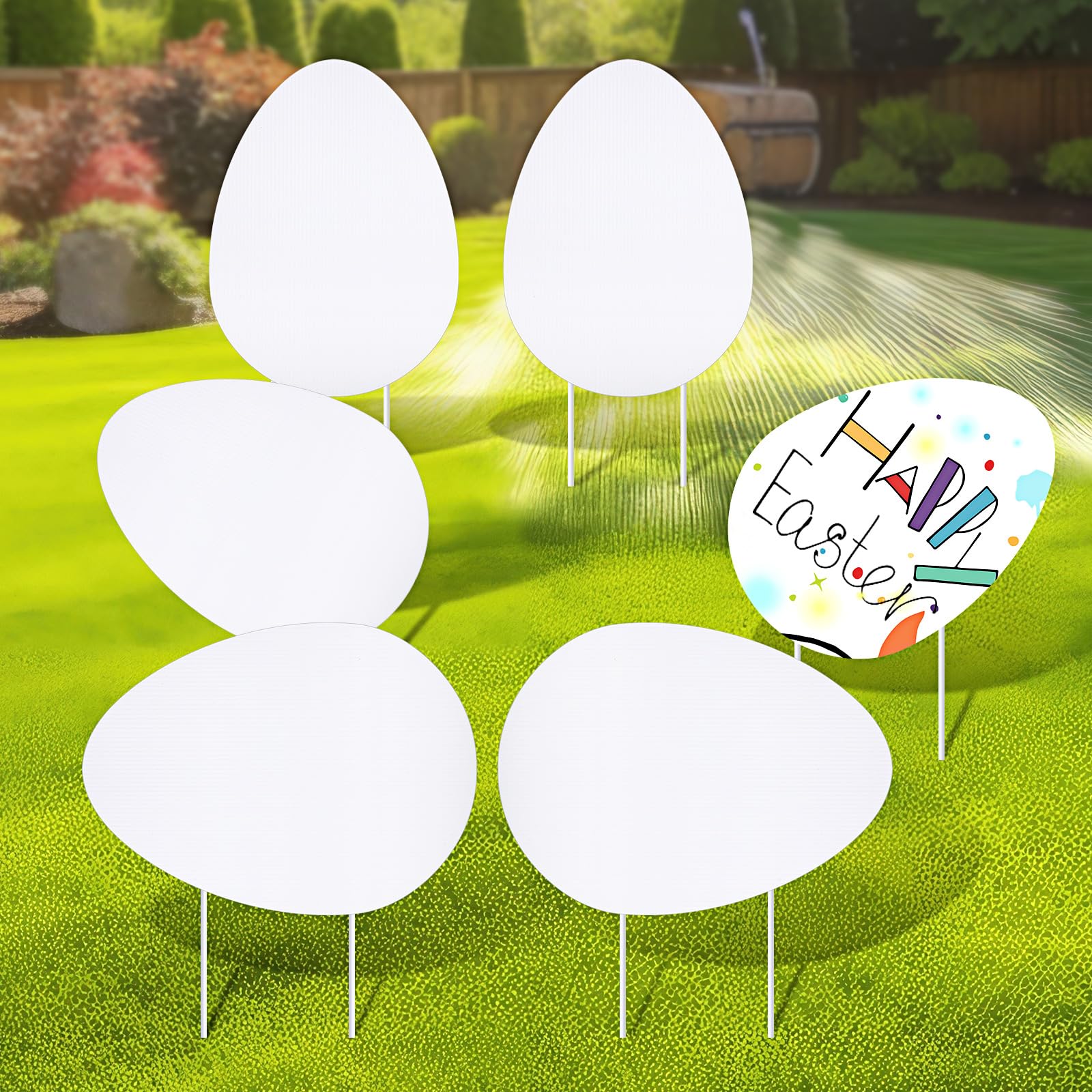 6 Pack Easter Eggs Blank Yard Signs with Stakes, Outdoor White Plastic Easter Eggs Yard Decorations Waterproof DIY Blank Lawn Decorations for Spring Easter Party Supplies (12'' x 17'')