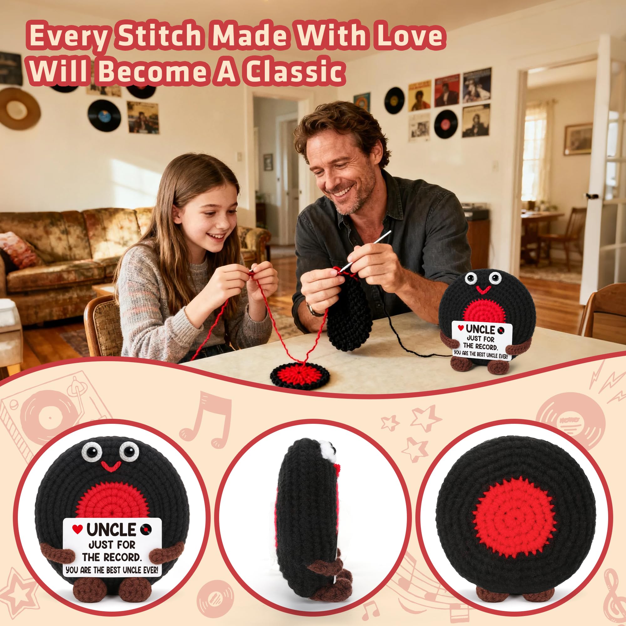 Fathers Day Uncle Gifts from Niece Nephew Best Uncle Ever Gifts Birthday Father's Day Retirement Favorite Uncles Gift from Niece Nephew Handmade Crochet Vinyl Record Music Lover Uncle's Gift