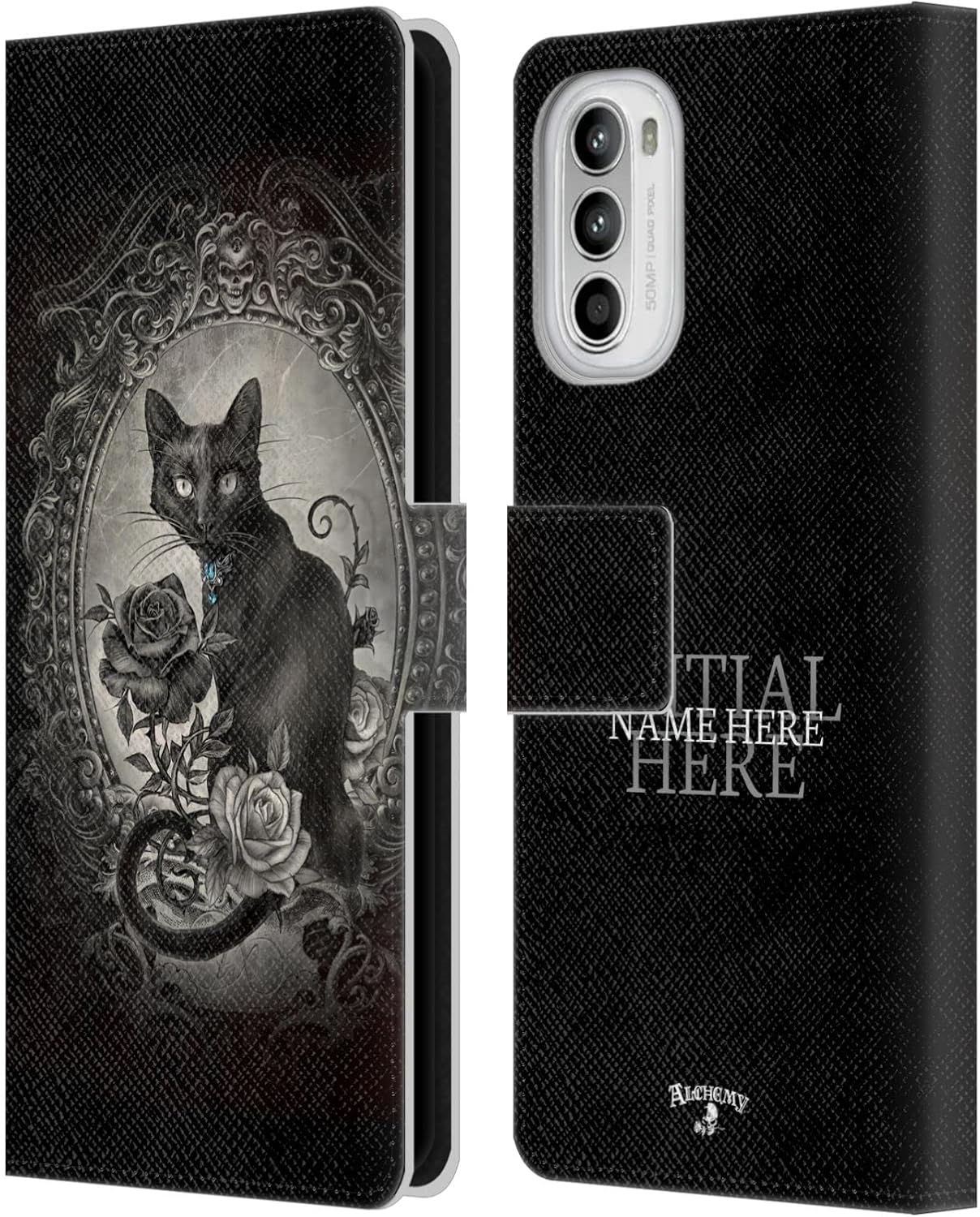 Head Case Designs Officially Licensed Custom Customized Personalized Alchemy Gothic Nine Lives of Poe Skulls Name and Initial Leather Book Wallet Case Cover Compatible with Motorola Moto G52