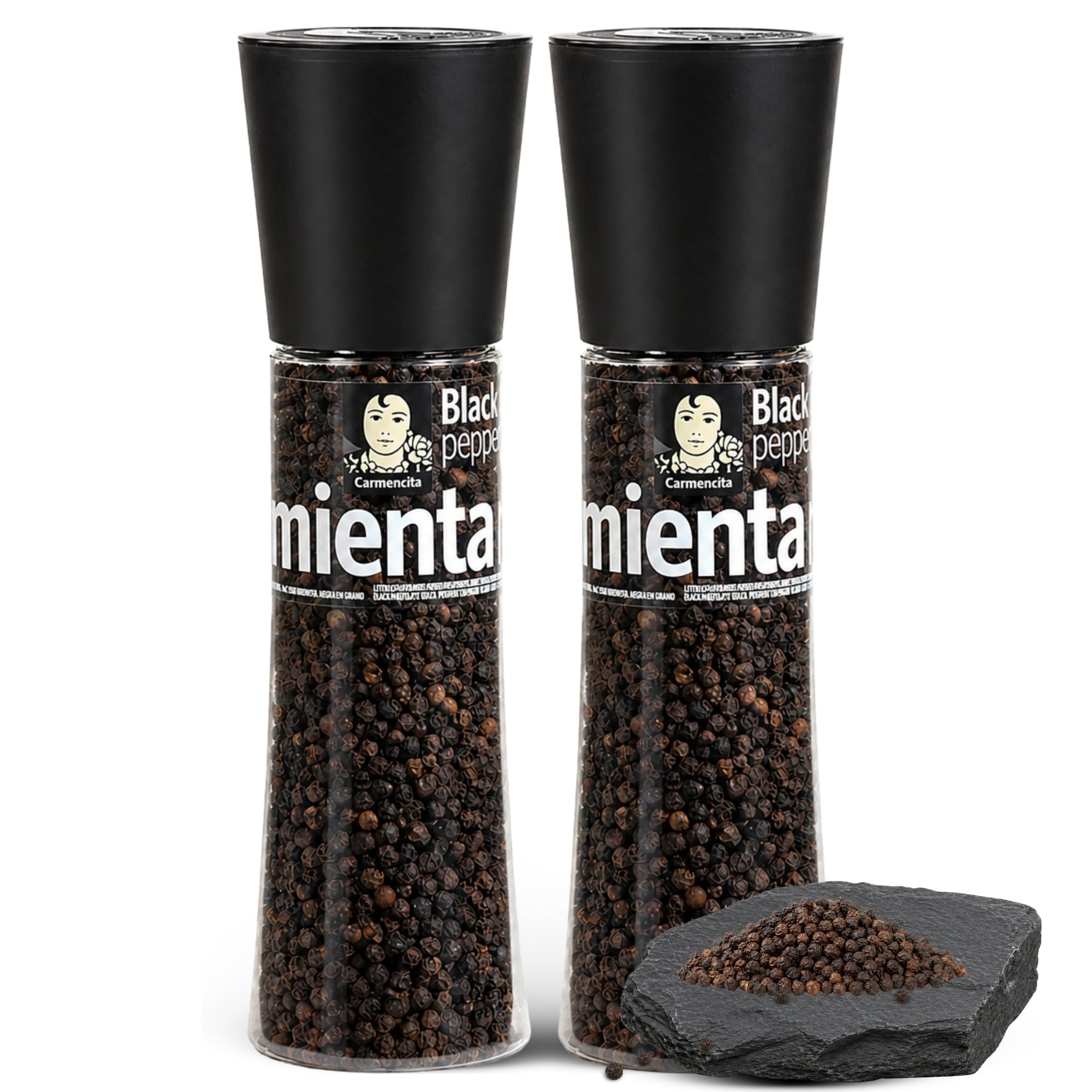 Pimienta Negra Carmencita en grano, Formato molinillo gigante, Para moler al momento y potenciar el sabor debplatos con un toque aromático, cálido y ligeramente picante, Contiene 2 unidades de 190 g