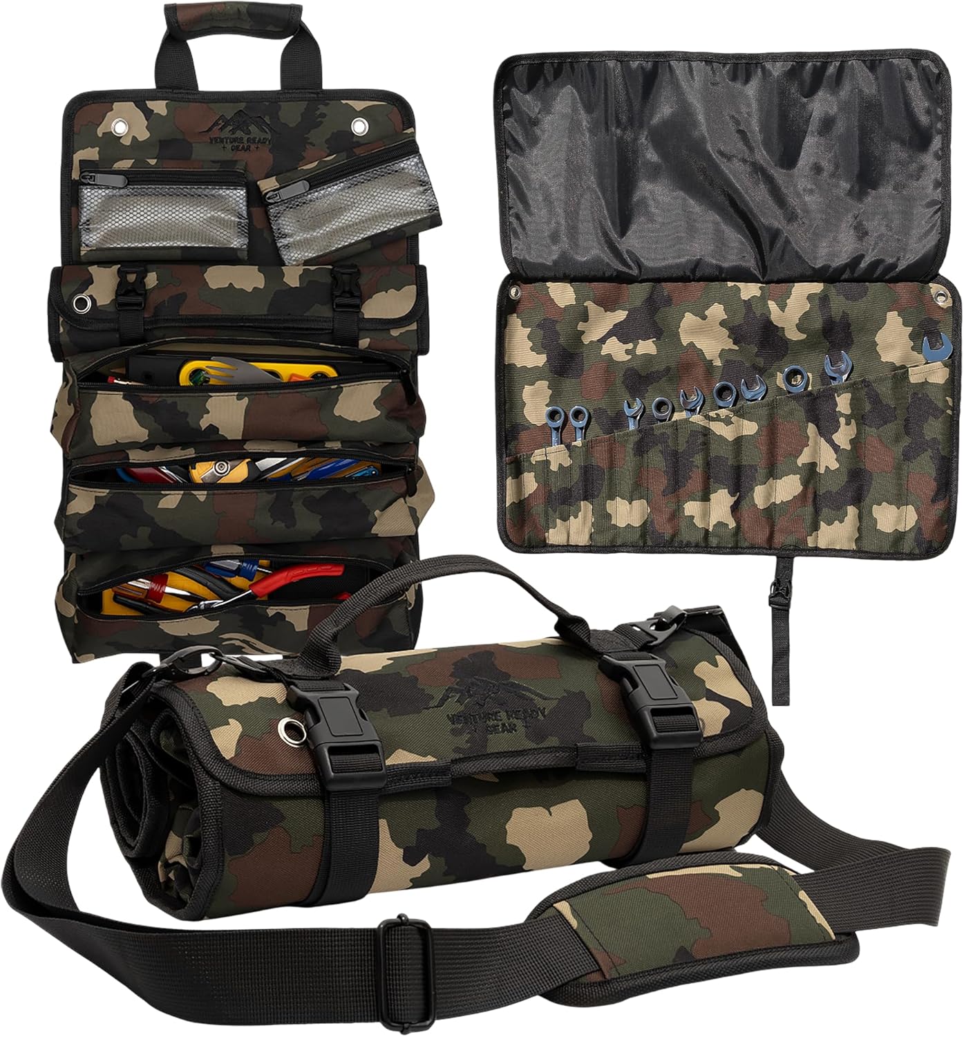 Roll Up Heavy Duty Tool Bag 900D Canvas & 1680D Straps - Detachable Wrench Roll + Mesh Pockets - For Overlanding, Camping, Vanlife, Road Trips, Offroading (Camo)
