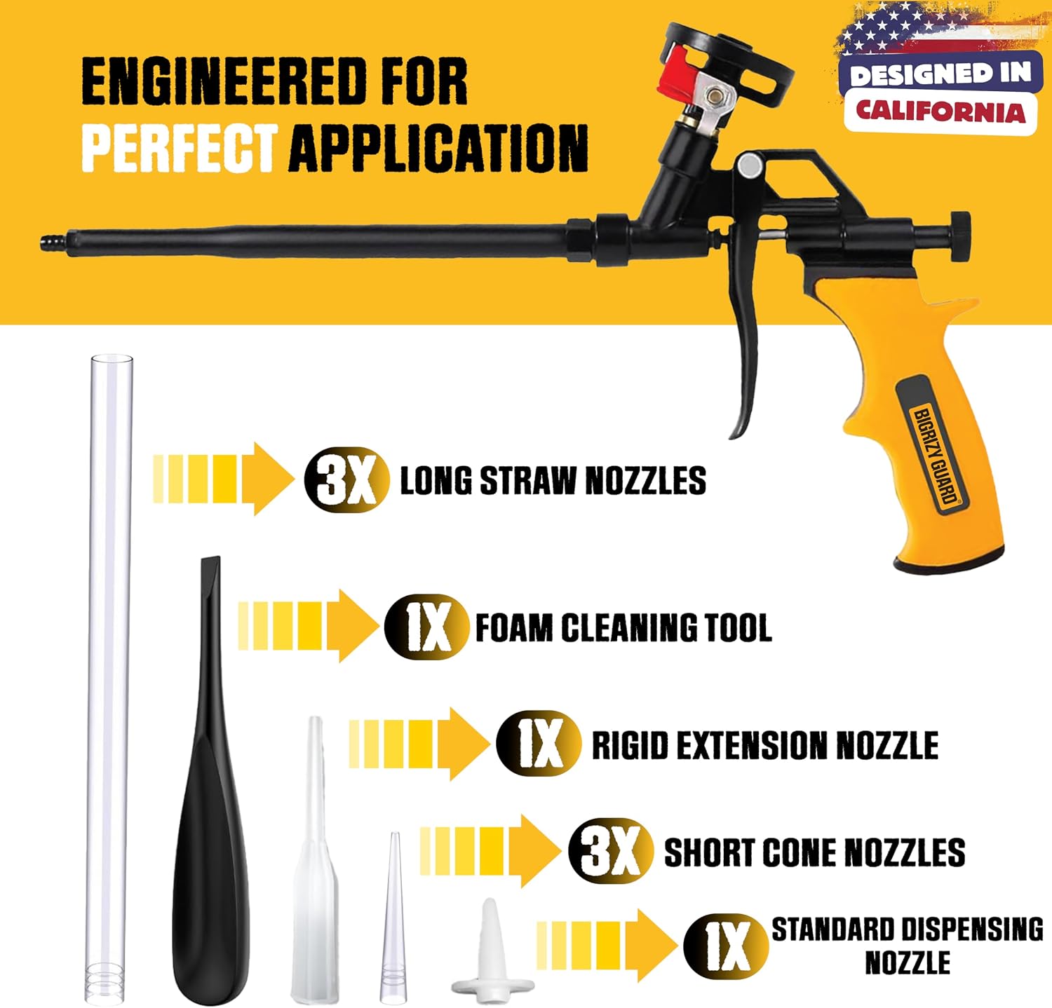 Spray Foam Gun, Professional Expanding Foam Dispensing Gun with 9 Nozzle for Insulation, Filling, Sealing & Caulking, PTFE Non-Stick Coating PU Insulating Applicator Kit (Yellow, 1 Pack)