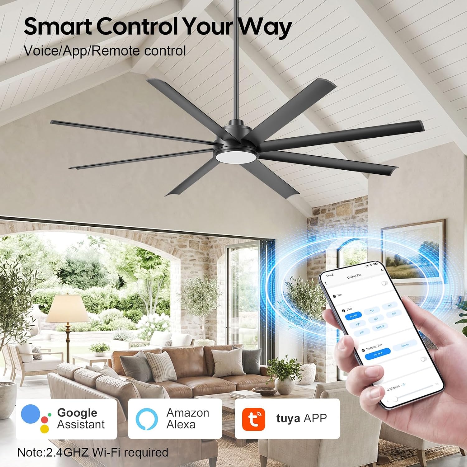 84 Inch Large Smart Ceiling Fan with Light Alexa/App/Remote Control, Modern Black Industrial Indoor Outdoor Ceiling Fans for Patios Shop Commercial, 8 Aluminium Blade, High 11000 CFM Quiet DC Motor image 3
