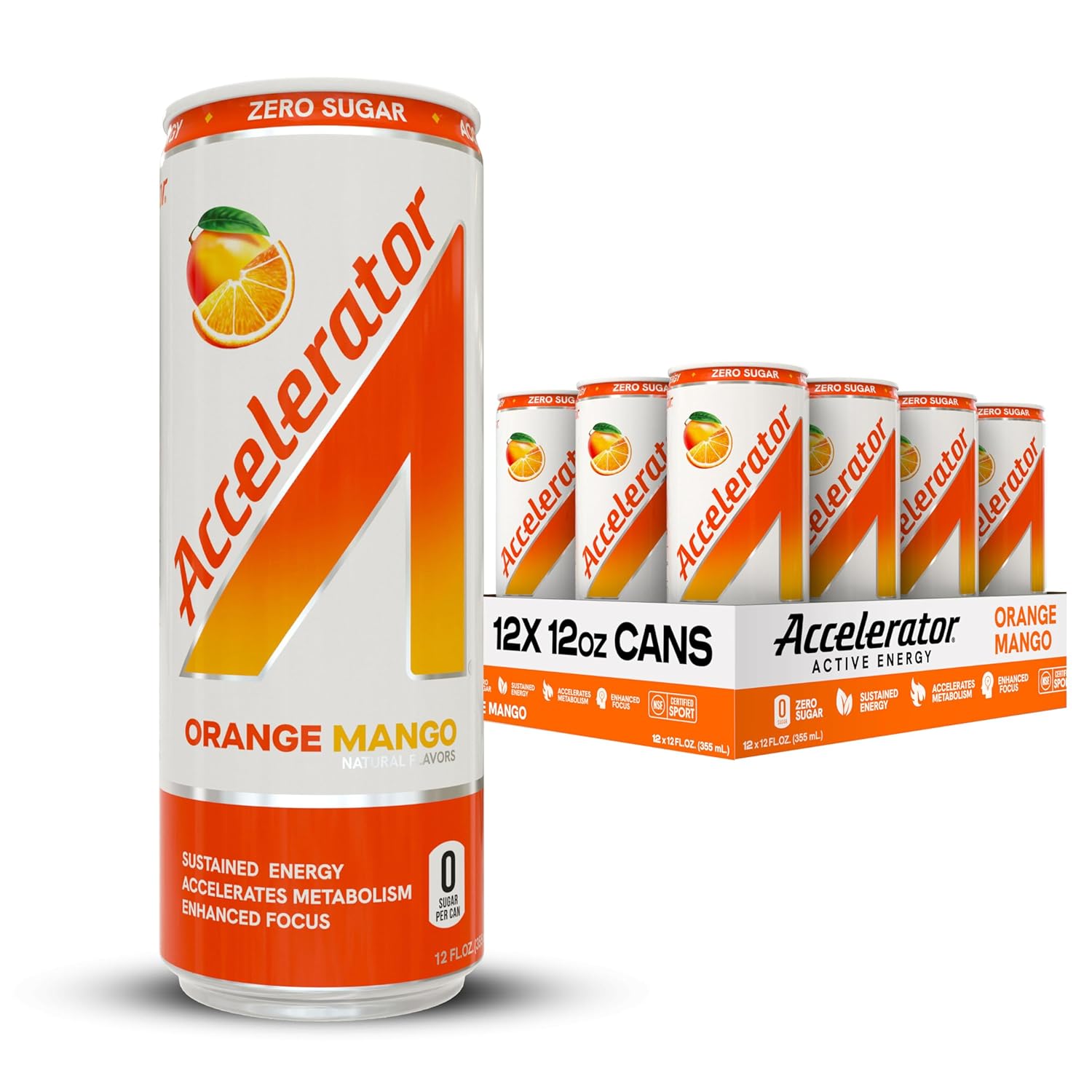 BESTBY 03/ 2026 Accelerator Active Energy Drink, Orange Mango, 12 Fl Oz Can (Pack of 12), Sugar Free, NSF Certified Sport, Sustained Energy, Accelerates Metabolism, Enhanced Focus