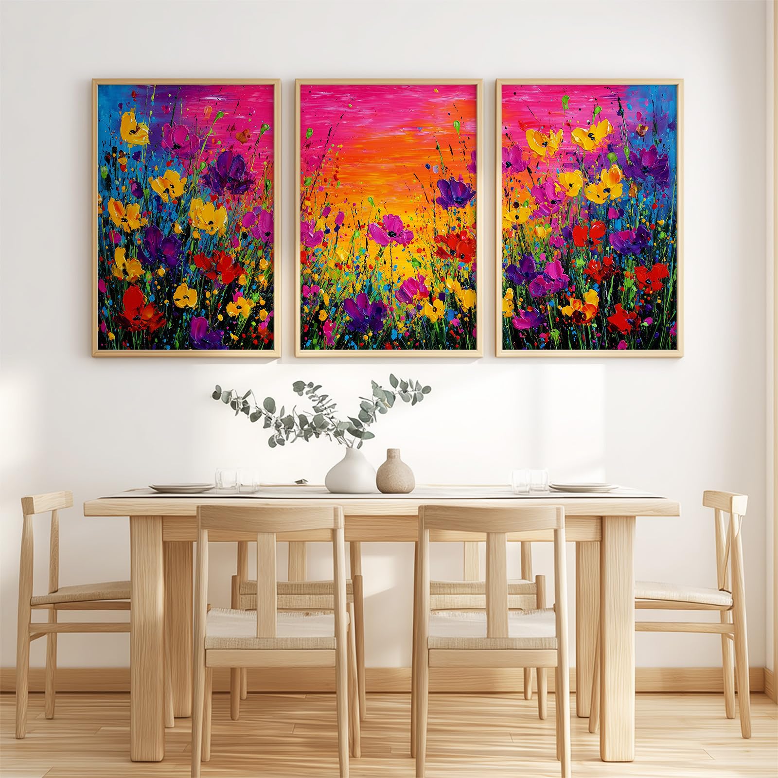 Generisch 3-teiliges Wandbild Leinwand Set 50 x 70 cm, Ohne Rahmen Triptychon Ästhetische Kunstdrucke Ölgemälde Floral für Wohnzimmer & Schlafzimmer, Blume Wildgras Farbig Sonnenuntergang Himmel