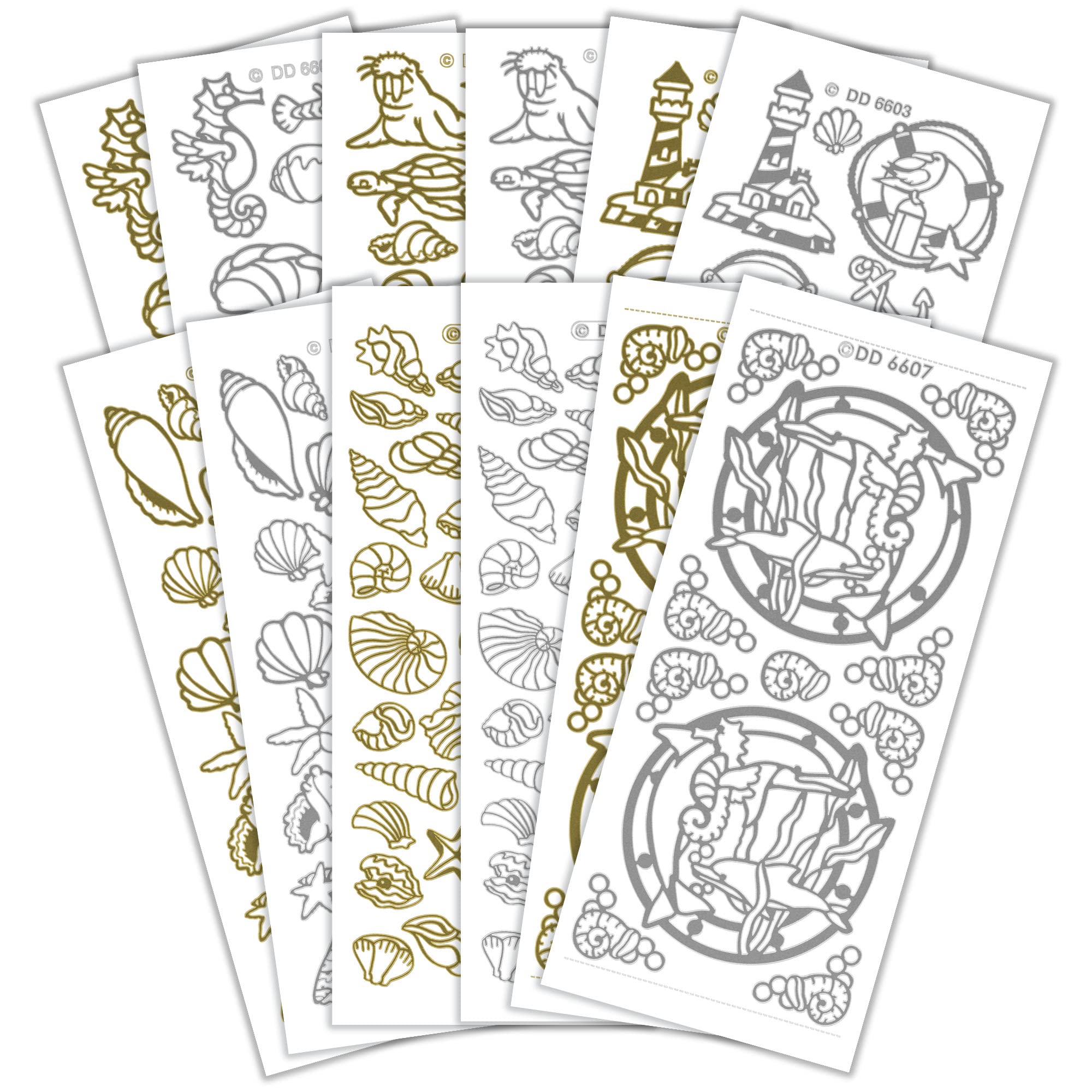 Peel Off Stickers Sealife Design – Holographic Gold & Silver Craft Stickers for Card Making, Scrapbooking & DIY Projects - 12 Sheets, One Size