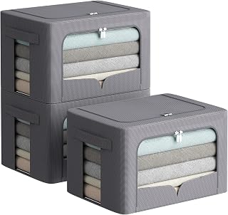 3 Pack Clothes Storage Organizer Bins - Foldable Metal Frame Storage Bins Stackable Oxford Cloth Fabric Container Organizer Set with Carrying Handles and Clear Window (Medium-36L, Dark Grey)