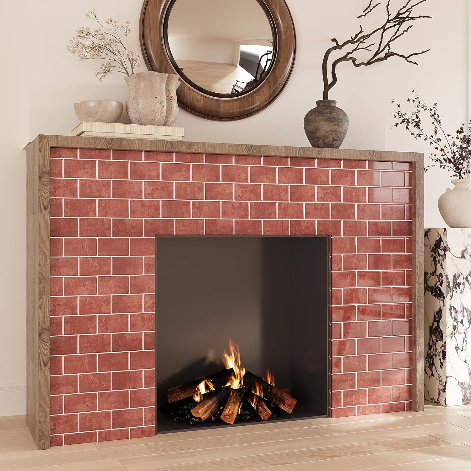 VEELIKE 12 Sheets Terracotta Subway Tile Peel and Stick Backsplash Grunge Brick Peel and Stick Tile Backsplash for Kitchen Wall 12''x12'' Waterproof Back Splash Stick on Tiles for Bathroom Fireplace