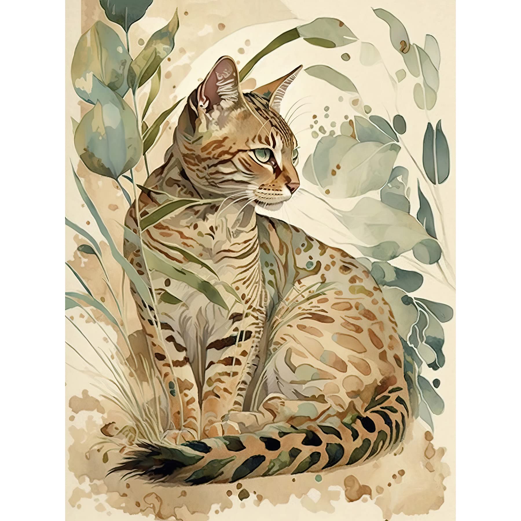 Artery8 Spotted Fur Coat Bengal Cat In Nature Pastel Watercolour Illustration Large Xl Wall Art Canvas Print