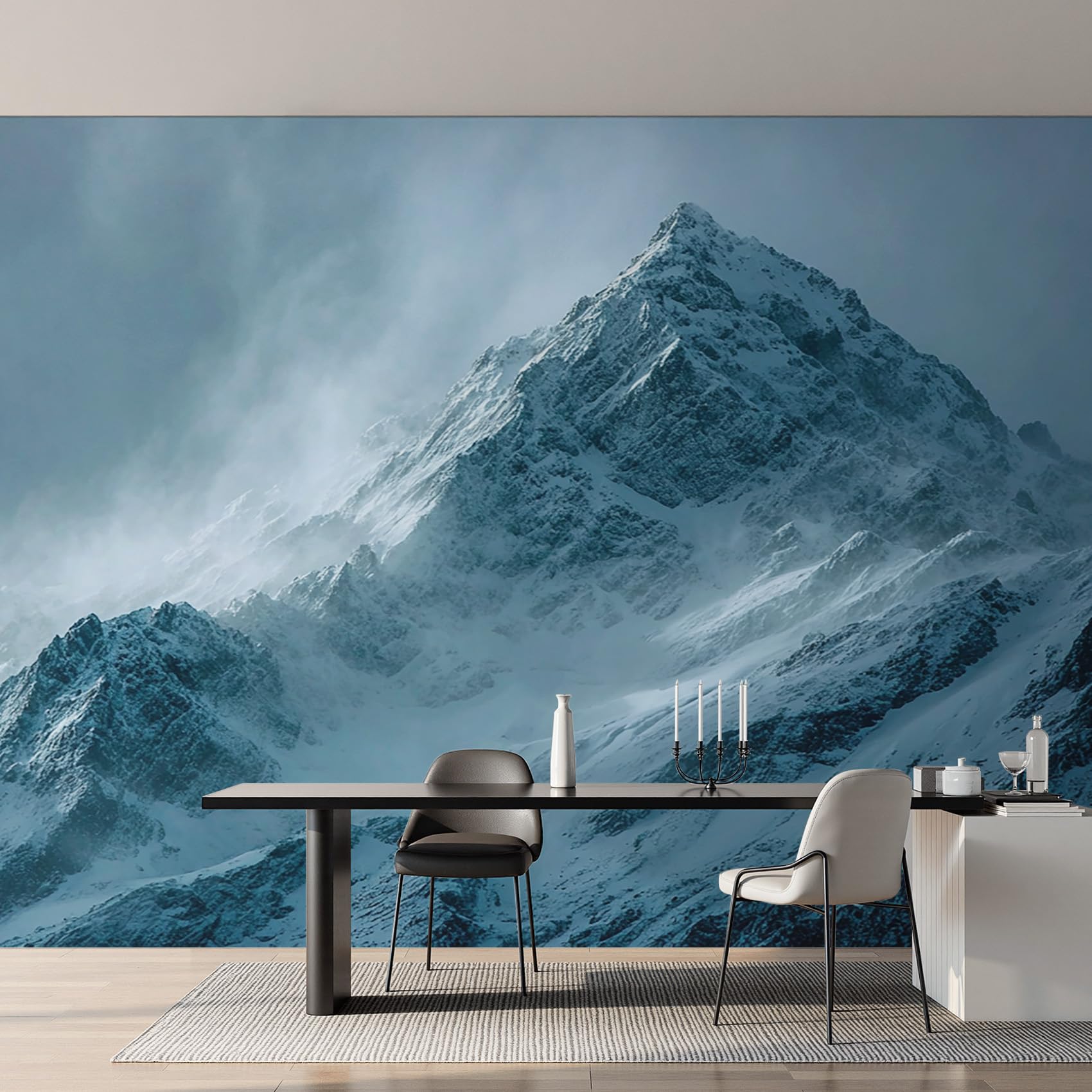 Papier peint panoramique montagne enneigée intissé 375x250 cm pour grand mur salon
