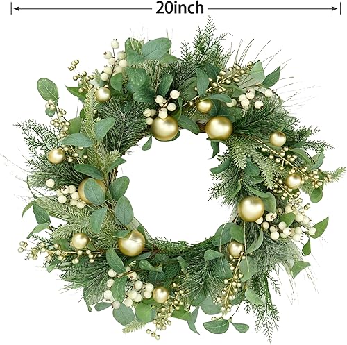 Miniatura 2 de Corona de Navidad artificial de 20 pulgadas, corona de invierno para puerta delantera con bayas doradas champán, bolas de Navidad para puerta