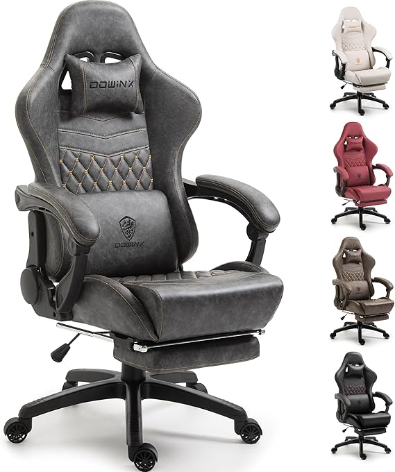 Dowinx Gaming Chair Big and Tall, Ergonomic Computer Chair with Footrest and Massage Lumbar Support, High Back Comfortable Gamer Chair for Adults 350Lbs PU Leather for Office Game, Grey