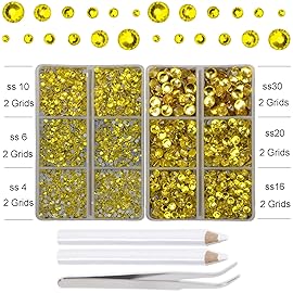 10000Pcs 2-Boxes Mixed Size Hot Fix Round Crystals Gems Glass Stones Hotfix Flat Back Rhinestones with Tweezers and Picking Pencil (Yellow)