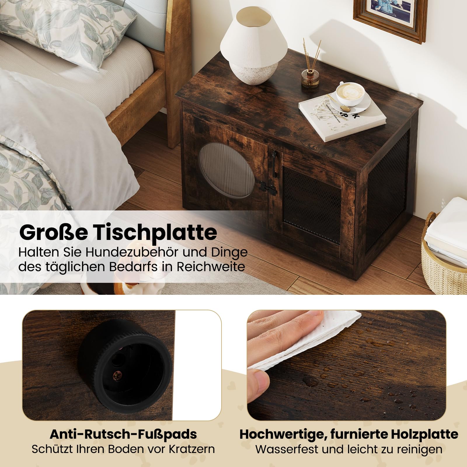 COSTWAY Hundekäfig Tierkäfig, Hundebox im Möbelstil mit Tür & PC-Fenster, Haustierkäfig für kleine und mittelgroße Hunde Katze Haustier, Beistelltisch für Zuhause, Hundehütte Braun, 82 x 47 x 60 cm