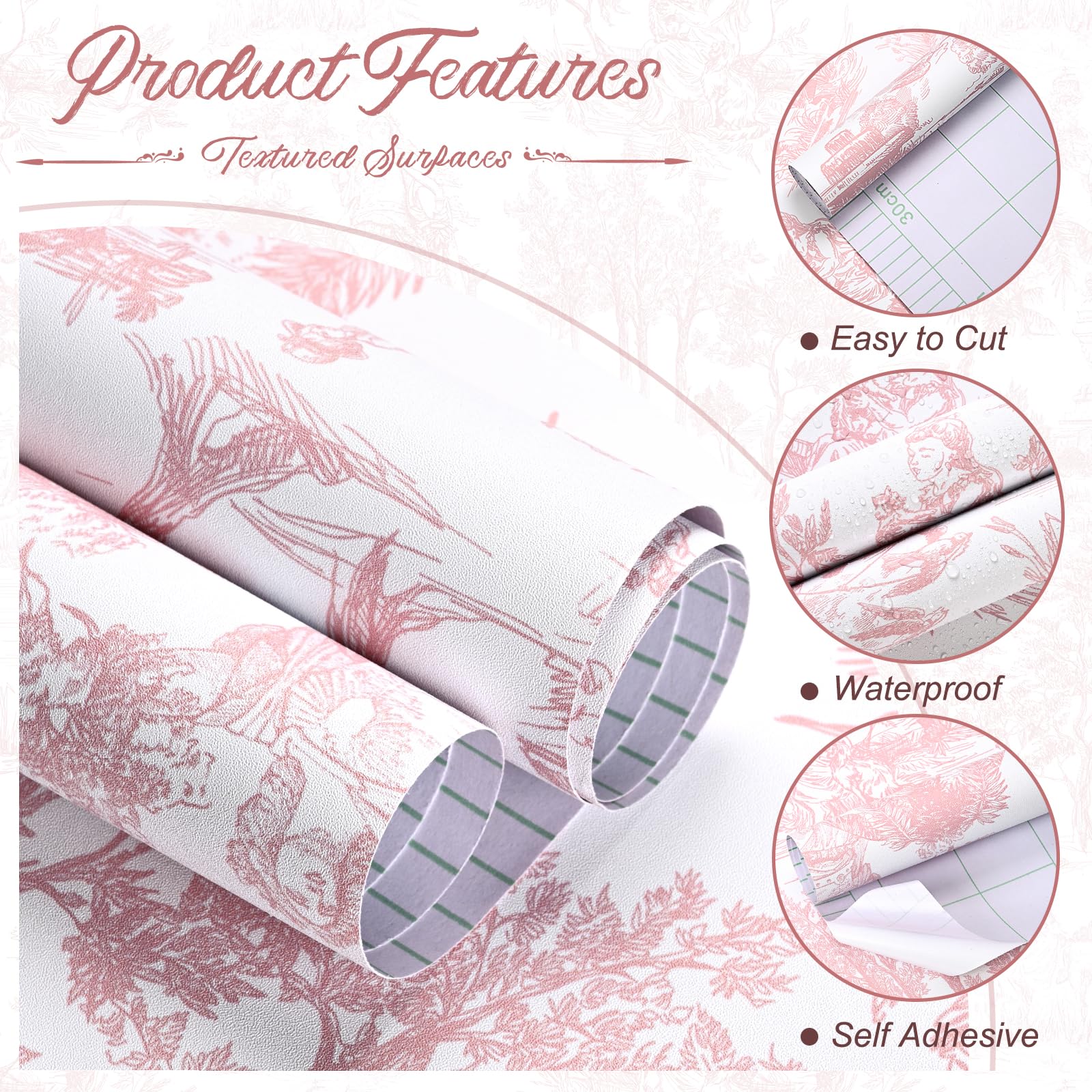 WENMER Toile Wallpaper, 17.7" X 590" Pink and White Peel and Stick Wall Paper, Toile de Jouy Wallpaper, French Vintage Contact Paper for Bedroom, Walls, Backdrop, Cabinet, Home Decor: 17.7" x 118" Pink