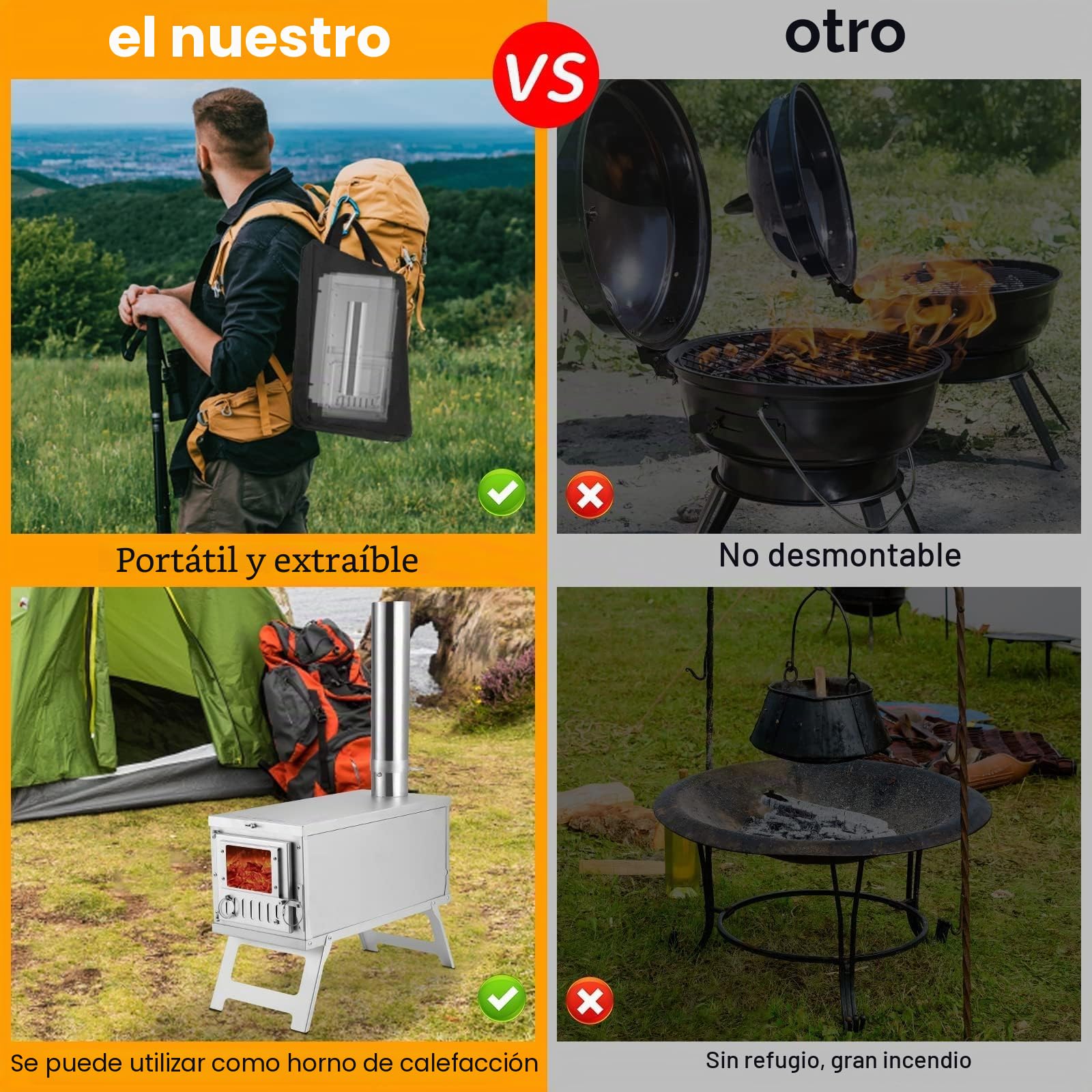 FORNELLO DE CAMPING EN ACERO 304 INOXIDABLE, ULTRALIGERO PORTÁTIL CON AMORTIZADOR GIRATORIO, PIAZZA DE COCCION PLANA, 3 KG
