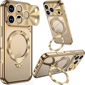 iPhone 17 Pro Electroplated Metal Case with Magnetic 360 Spin CD Metal Ring Stand Fit for Magsafe Polished Slim Clear Back with Camera Cover Military Drop Protection Case for Men Woman Gold