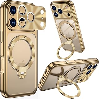 iPhone 17 Pro Max Electroplated Metal Case with Magnetic 360 Spin CD Metal Ring Stand Fit for Magsafe Polished Slim Clear Back with Camera Cover Military Drop Protection Case for Men Woman Gold