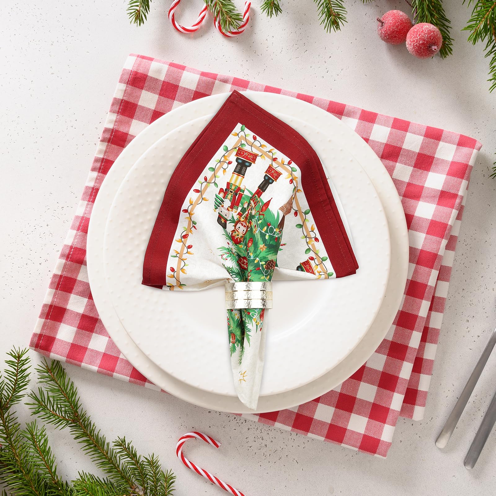 Noël Serviettes de Table Lot de 12, Serviettes en Tissu 100% Coton Sapin de Noël Rouge Doux et Confortable Réutilisables pour Le Famille Cuisine Décorations Cadeaux(45cm×45cm)