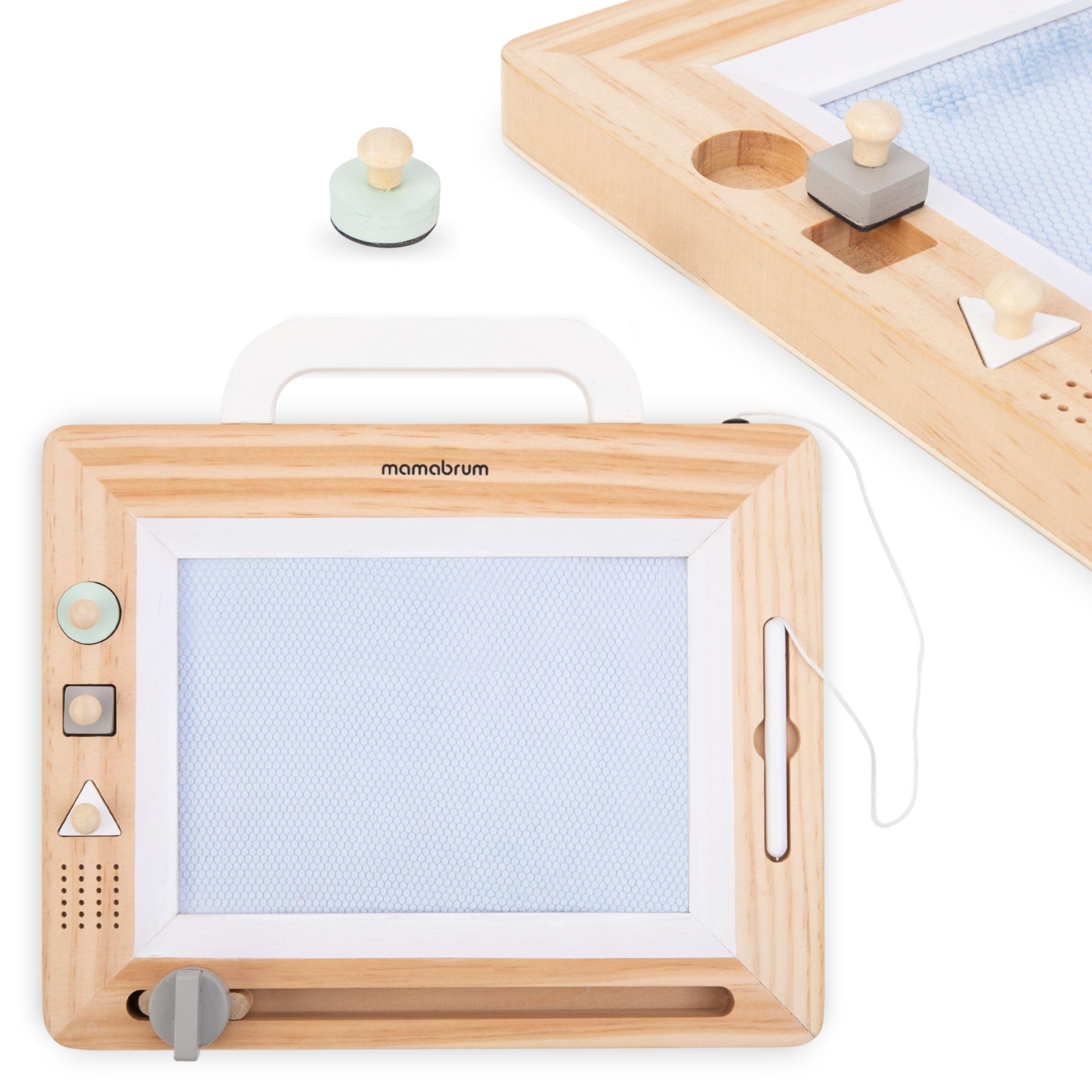 Mamabrum Lavagna per Bambini con Timbri in Legno - Giochi Bambini 3 Anni per Imparare a Scrivere e Disegnare - Tavolo Magnetico Educativo con Stilo di Sicurezza