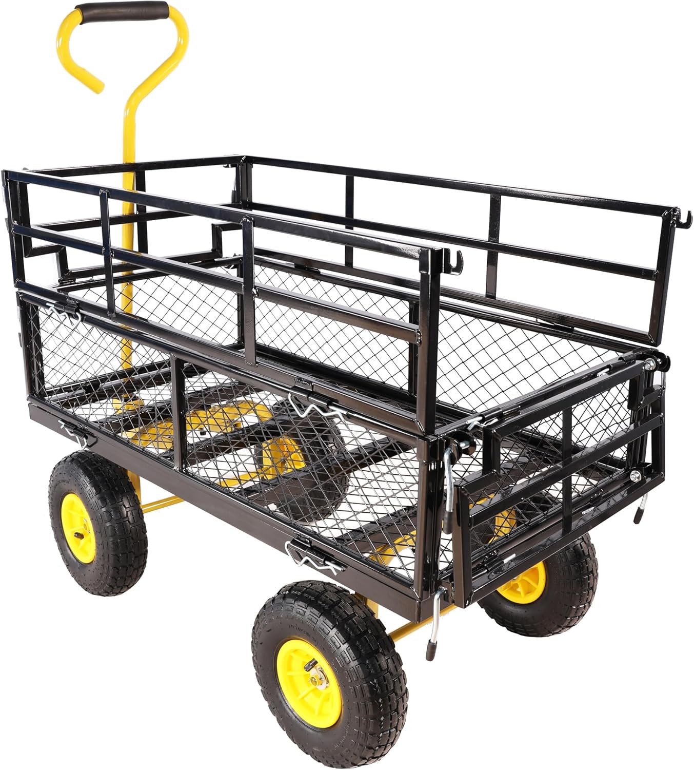 Heavy Duty Garden Wagon with Foldable Sides, Pneumatic Tires, Adjustable Handle (Yellow + Black Double Layer)
