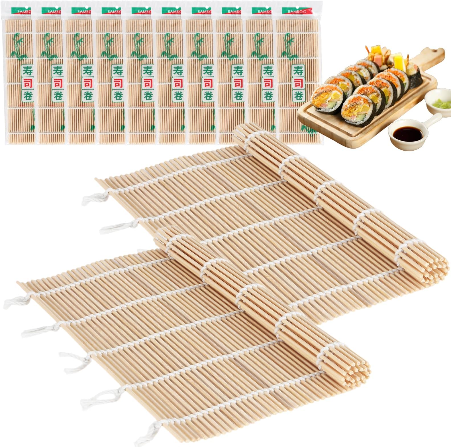10PCS Sushi Rolling Mat 9.5"x9.5" โ Durable Sushi Mat with Tightly-Bound Design for Home & Restaurant Use (White)