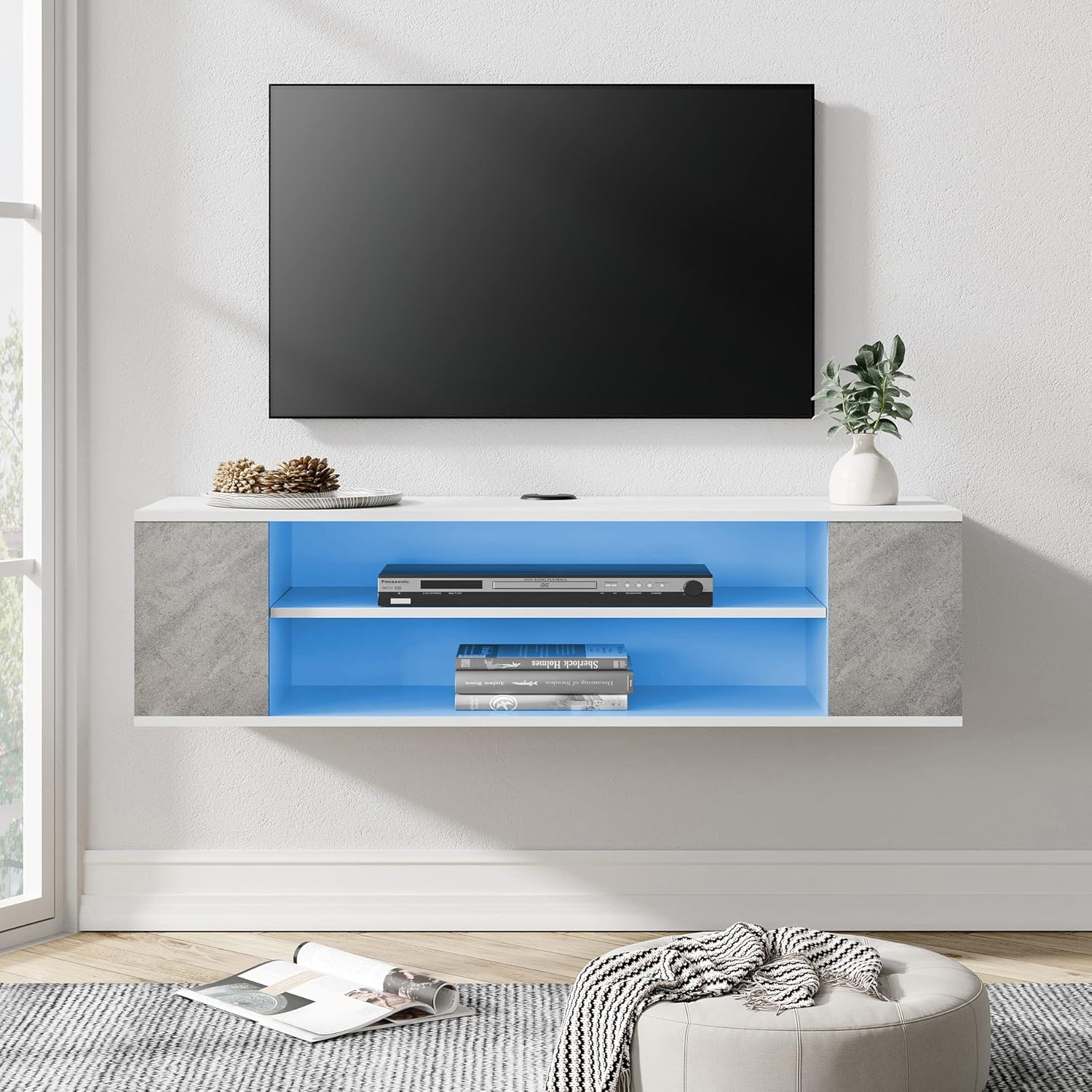 WAMPAT Floating TV Stand with Blue LED Lights Wall Mounted Shelf Entertainment Center, Floating TV Cabinet Media Console Wood Storage Hutch Under TV for Living Room,Grey White,39.4 Inch