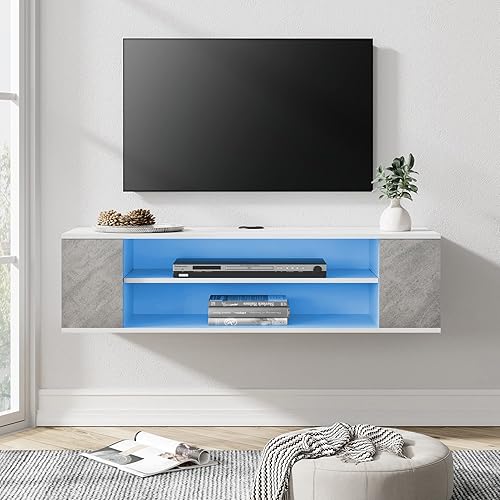WAMPAT Soporte flotante para TV con luces LED azules, estante montado en la pared, centro de entretenimiento, gabinete de TV flotante, consola Luces