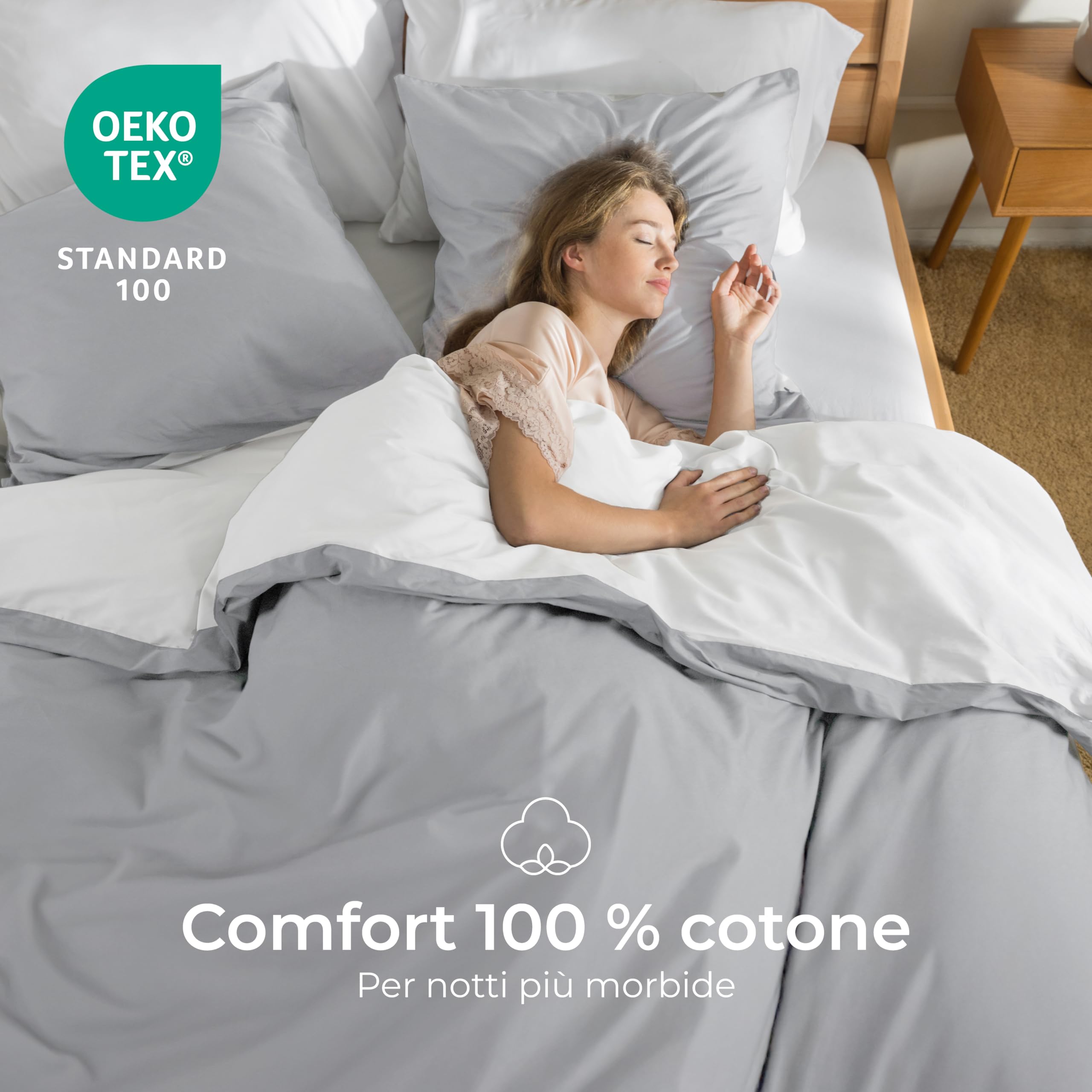 Dreamzie Copripiumino Matrimoniale Cotone Percalle - Set 3 Pezzi - Copripiumino 220x240 e 2 Federe 50x70 cm - Grigio Chiaro - Certificato Oeko-Tex