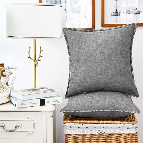 Miniatura 3 de CaliTime Juego de 2 fundas de almohada de algodón con bordes cosidos de hilo de algodón, 2 tonos, de lino rústico, para sofá, decoración del hogar,