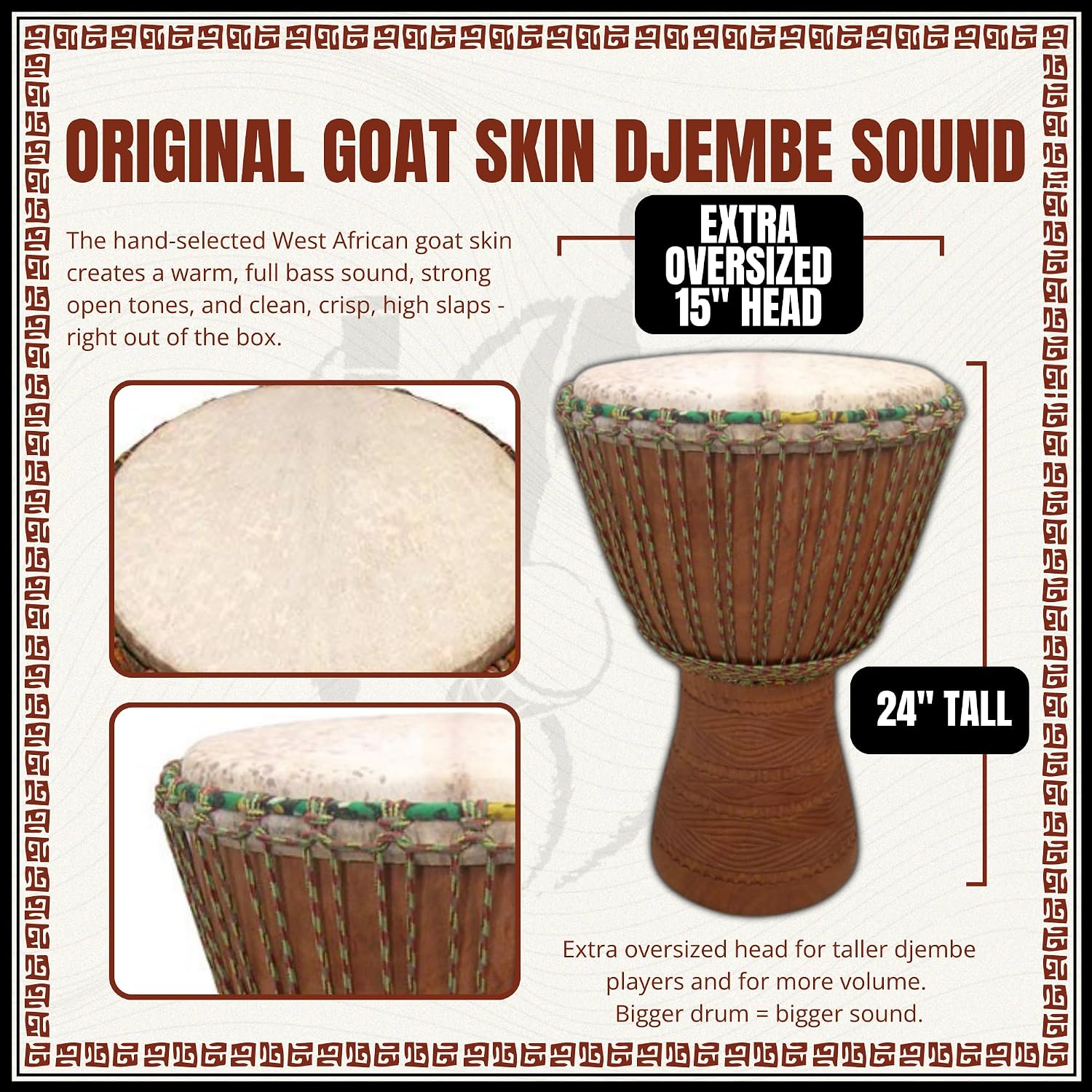 Africa Heartwood Project Paragon Professional Djembe Drum from Mali - 15"x25" Super Jumbo Size, Percussion Instrument, Solid Hardwood, Thick Goat Skin, 3-Top Ring Tuning, Ready to Play