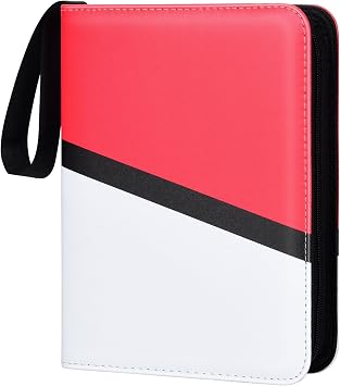 4 Pocket Trading Card Binder with Hand Strap, Holds 400 Cards | 50 Removable Double-Sided Pages Fit Standard TCG and Sports Cards, with a 3 Ring Design and PU Leather Cover, Red & White