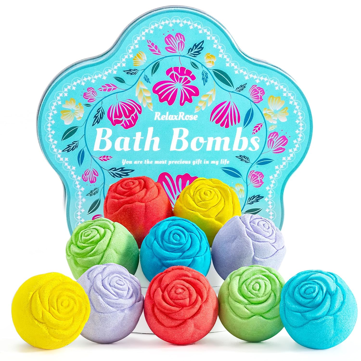 RelaxRose Bath Bomb Gift Set for Women – 10 Pack Handmade with Natural Essential Oils, 5 Aromatic Scents, Relaxing Rose Bubble Bath, Self Care Birthday & Summer , Wife, and Her