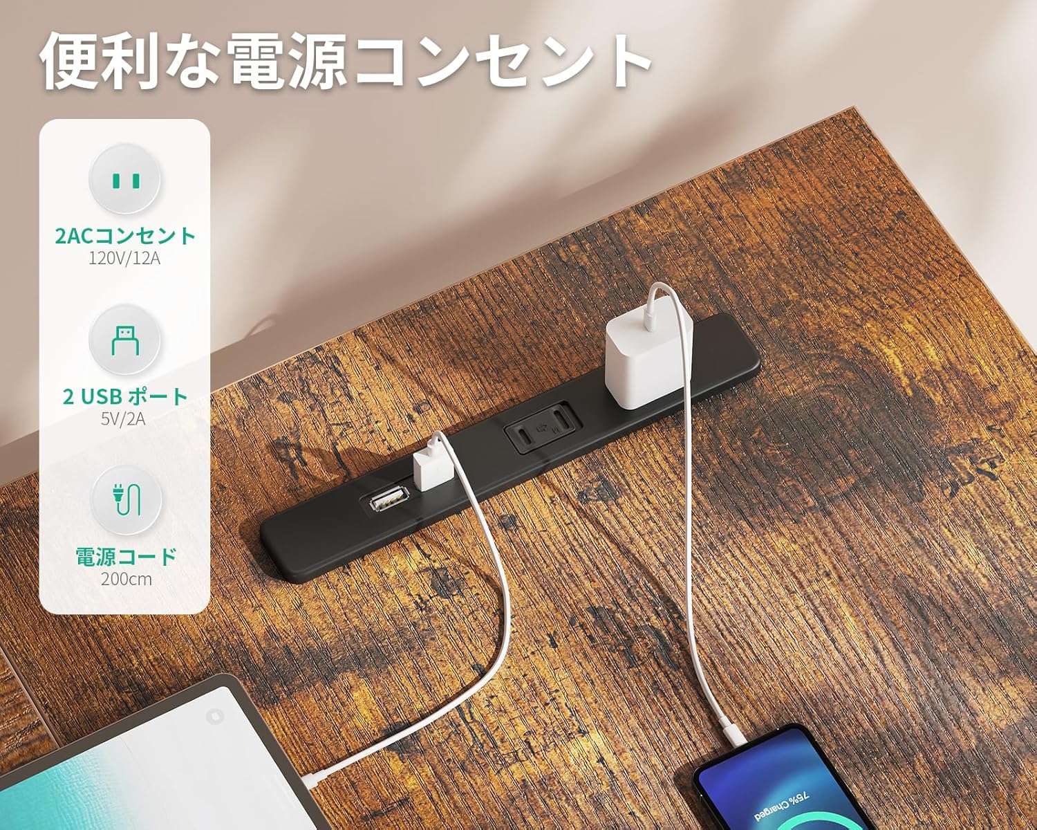 Close-up of the integrated power strip on the desk with two AC outlets and two USB ports, showing devices charging.