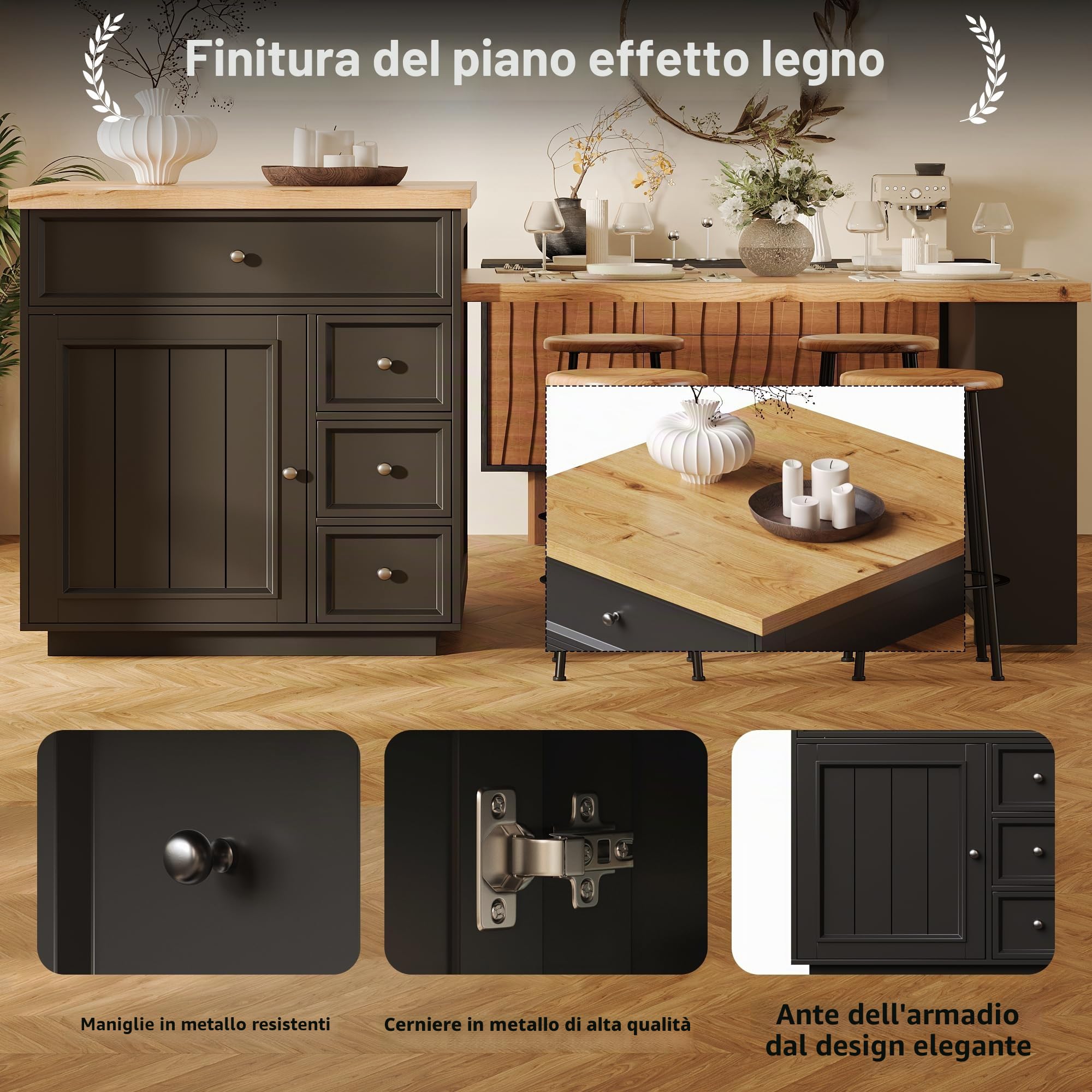 Isola Cucina allungabile (120-184 cm) con cassetti e rotelle, Isola Cucina Mobile con Piano Effetto Legno, Versatile Isola da Cucina per Cucina, Sala da Pranzo e Bar, Nera