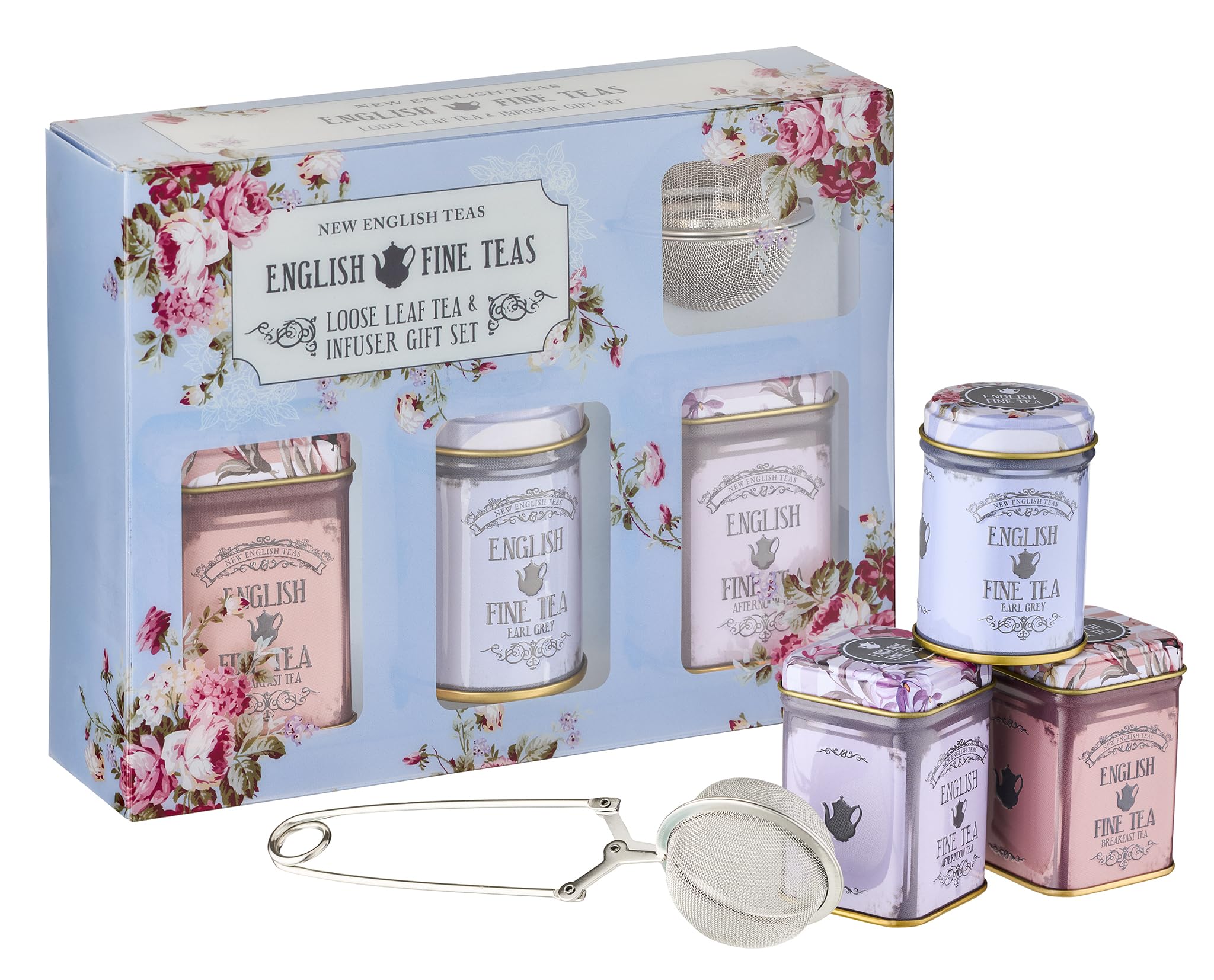 New English Teas Loose Leaf Tea & Infuser Gift Set – 3 Vintage Floral Tins with Breakfast, Earl Grey & Afternoon Blends with Loose Tea Infuser
