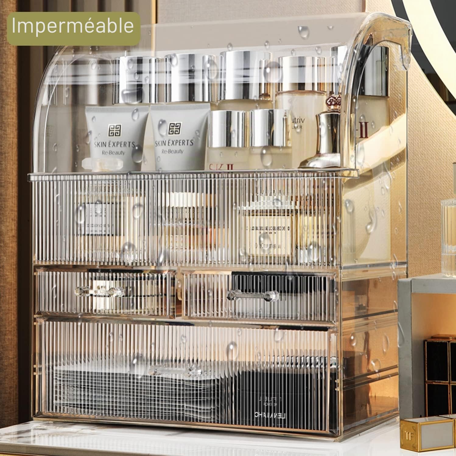 Organisateur de maquillage de rangement, boîte de rangement pour cosmétiques en acrylique de grand format avec tiroirs, boîte de rangement pour parfum et maquillage avec couvercle étanche pour