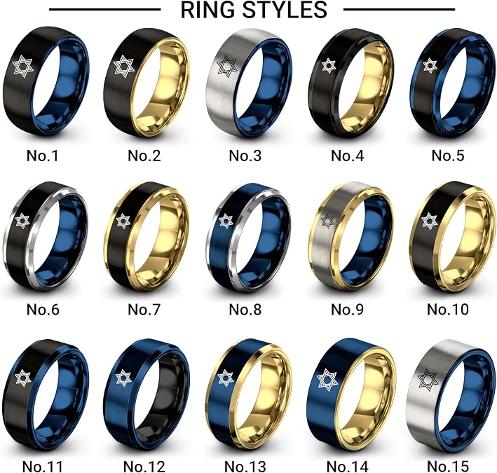Torah star Of David Ring - Gift for Jewish Faith Fan - 8mm - Personalized Custom Engraving - Yellow Gold Black Silver Blue - Tungsten - Men Women - Band - Brushed Polished - Anniversary Wedding - Flat