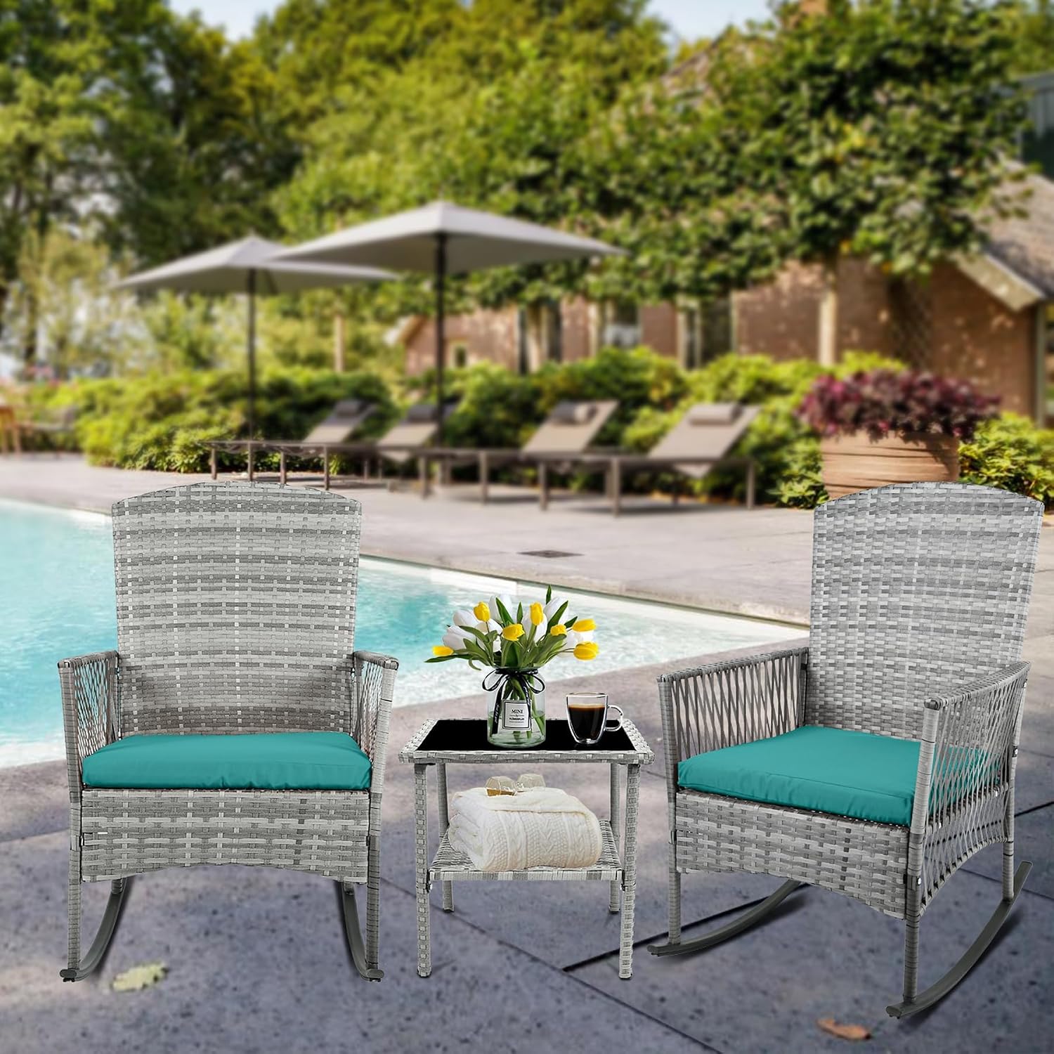 DECMICO Outdoor Rattan Wicker Rocking Chair, 6 Pieces Patio Conversation Furniture Bistro Sets with Side Table and Cushions for Porch Garden and Balcony