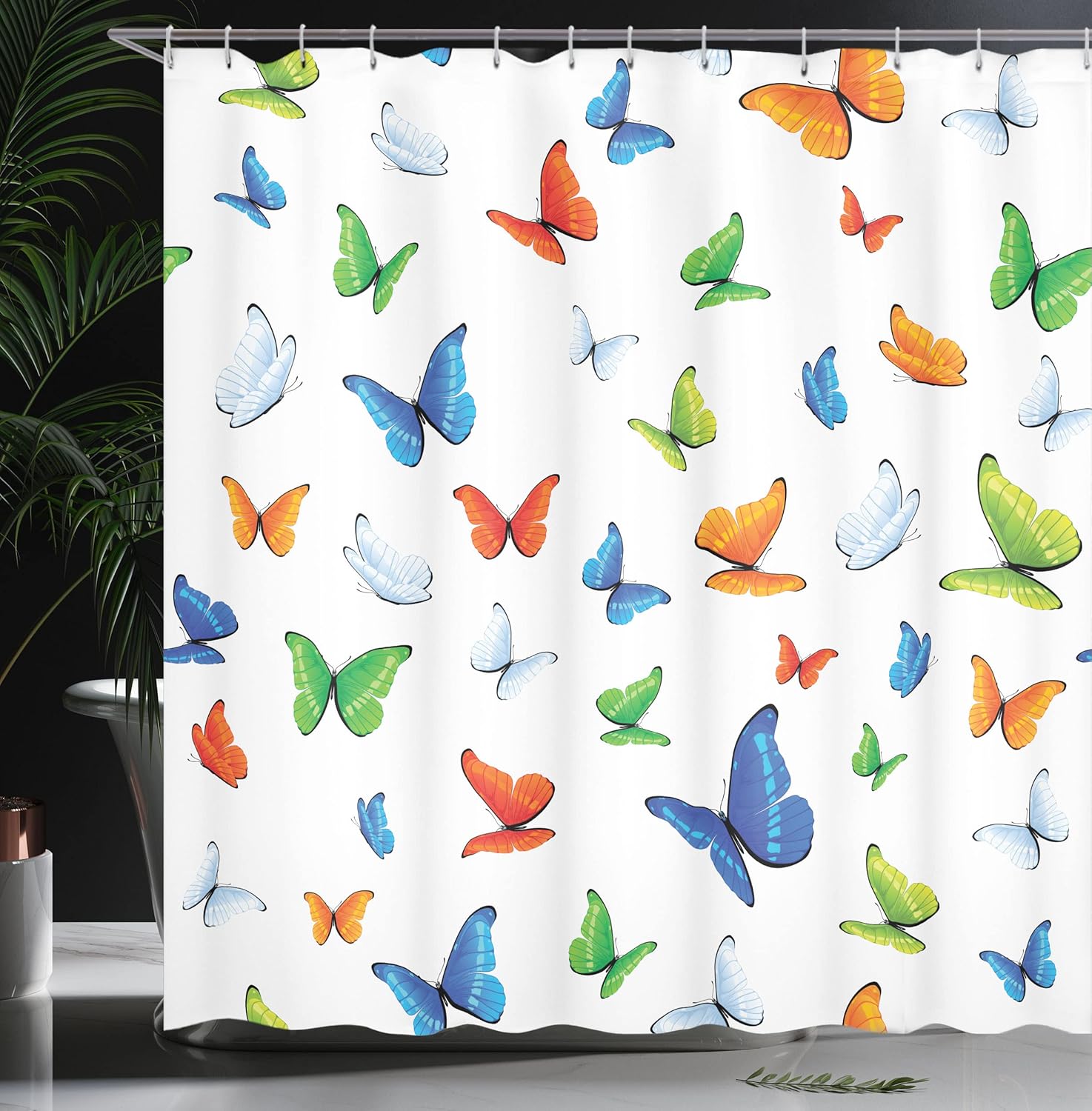 Ambesonne Butterflies Shower Curtain, Butterflies Animal Clipart Ecology Environment Joyful Design Cartoon Tropics, Cloth Fabric Bathroom Decor Set with Hooks, 69" W x 84" L, Multicolor White