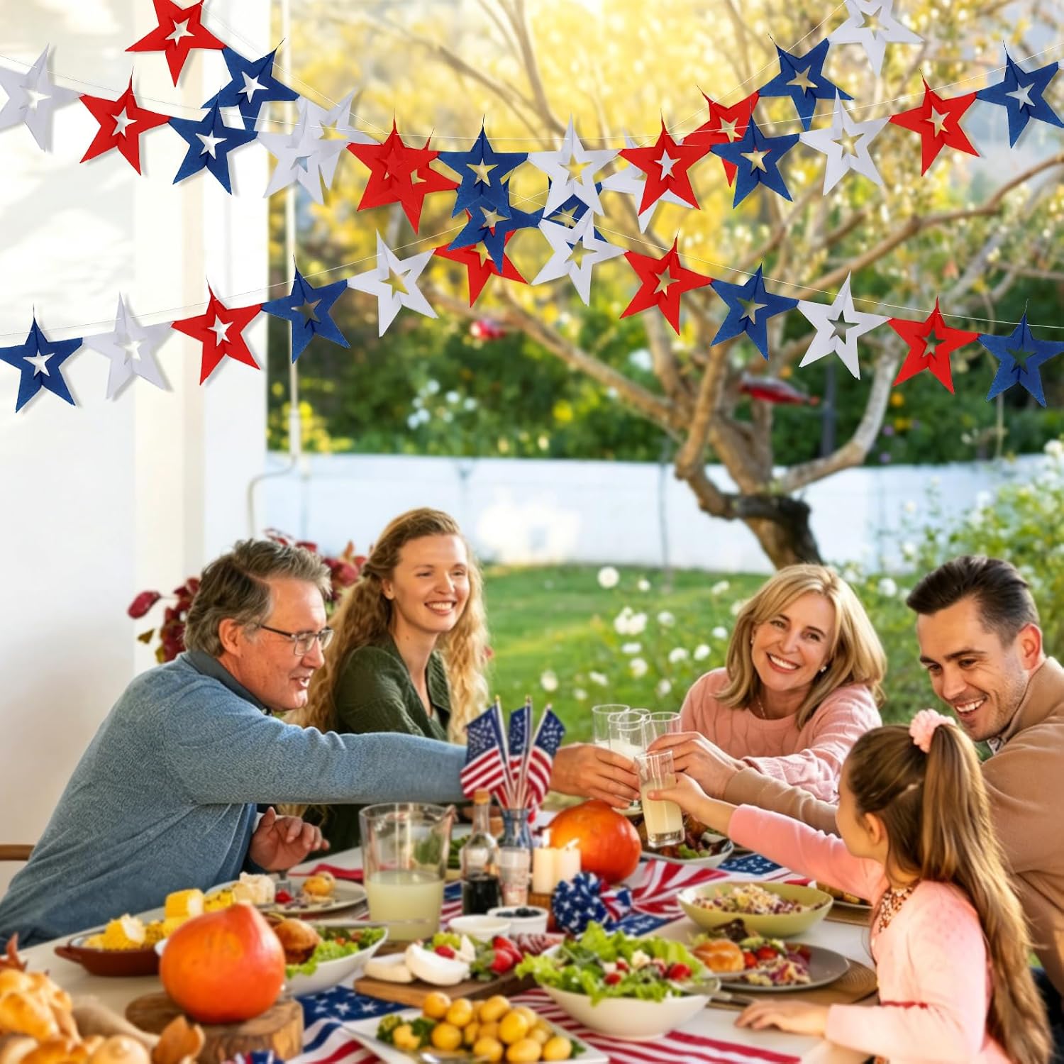 4th of July Star Banner Garland Decorations, 3pcs Patriotic Red White Blue Independence Day Hanging Decor, Memorial Labor Veterans Day Party Decorations Banner Hanging Sign for Home