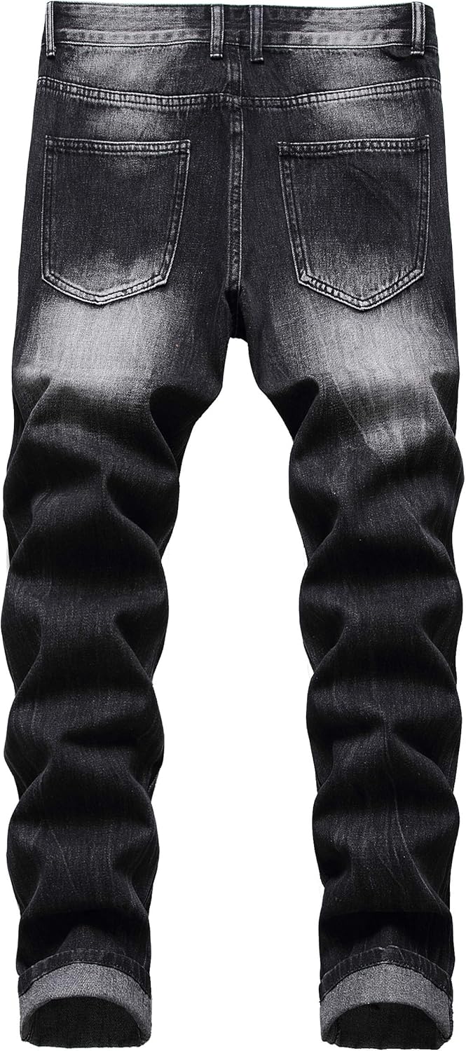 Men's Ripped Slim Fit Jeans Straight Leg Distressed Patch Denim Pants