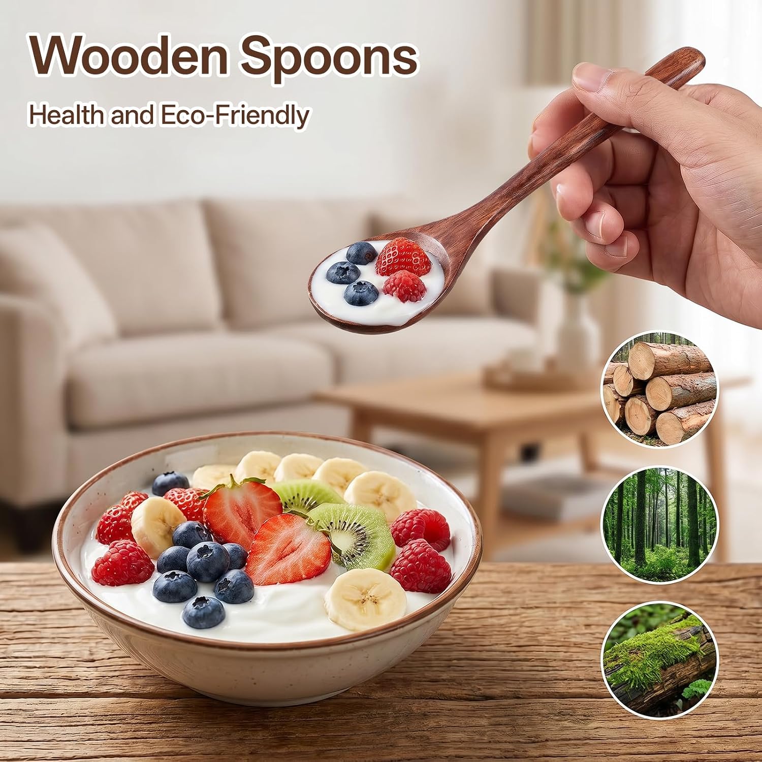2 PCS Wooden Spoon for Eating, 6 Inch Long Small Handle Wooden Soup Spoons, Little Wood Serving Table Spoon Set for Coffee Honey Tea Desserts Cereal Soup