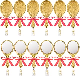 YUSONG Vintage Handheld Mirror 12-Piece Set - Antique Handheld Mirror with Ribbon & Thank You Cards, Bridal Party Favors, Wedding Guest Gifts, Portable Compact Makeup Mirror (Gold)