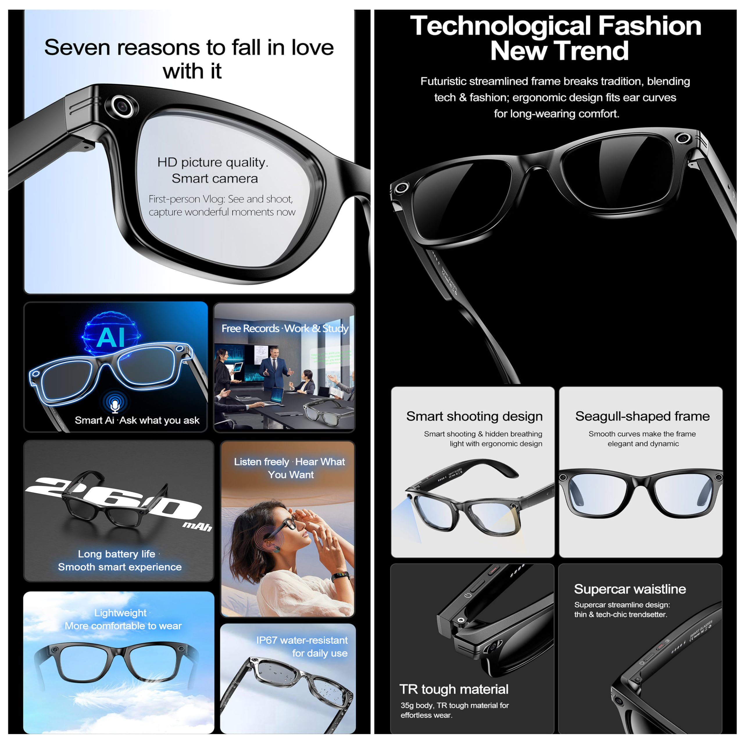 Fashion AI Camera Smart Glasses IP65 Waterproof Bluetooth Call Playing Music Smart Glasses Identify Pictures Use ChatGPT, for Travel Meeting Business,A