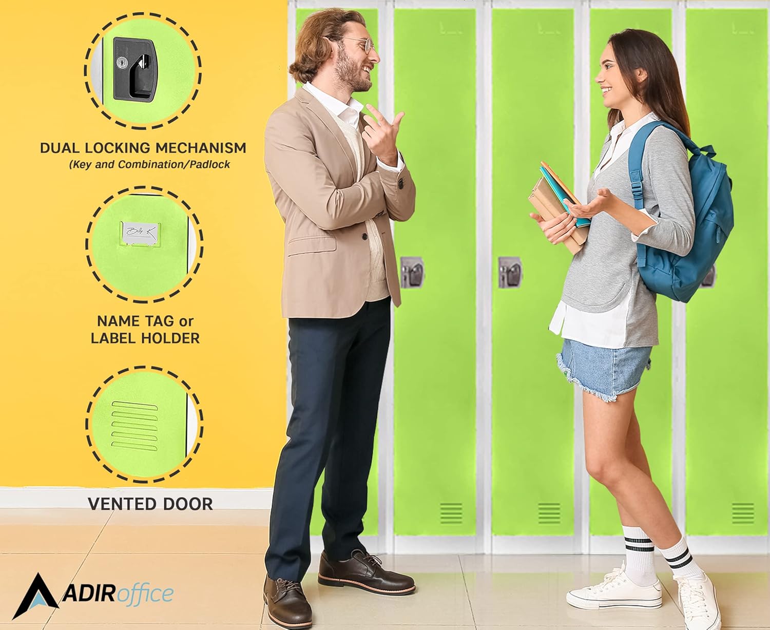 AdirOffice Large Steel Metal Storage School Locker - Single Tier Free Standing Storage Compartment - Secure Colorful Spacious Organizer Perfect for Academic and Commercial Use (Green)
