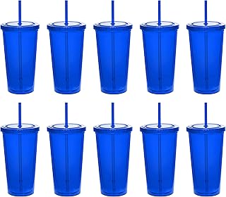DISCOUNT PROMOS Double Wall Acrylic Tumblers 20 oz. Set of 10, Bulk Pack - BPA Free, Perfect for Iced Coffee, Soda, Other Hot & Cold Beverages - Blue