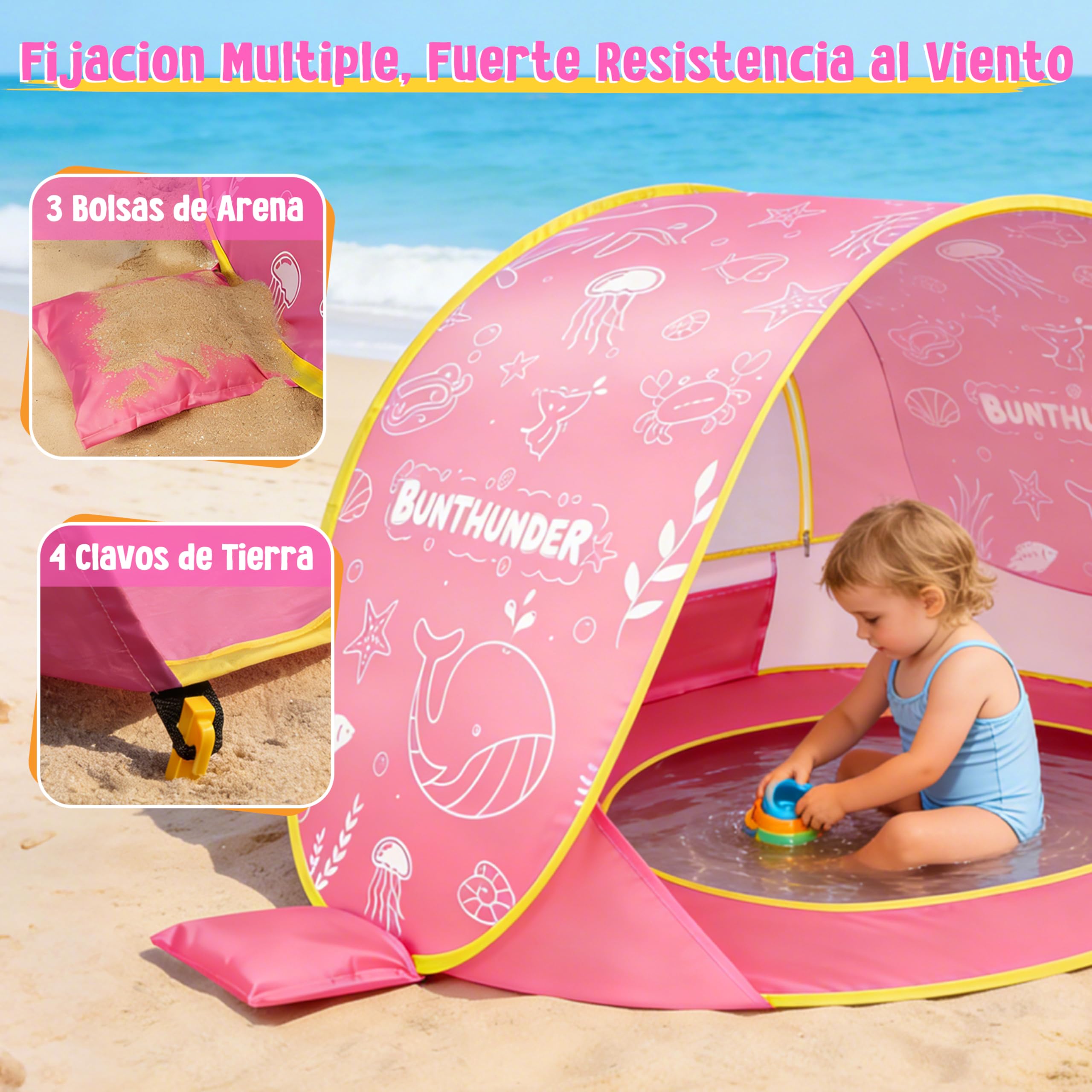 JONRRYIN Tienda Playa Bebé Pop Up, Tienda Refugio Infantil con Mini Piscina, Plegable Portátil Protección UV para Playa, Pícnic y Jardín (Rosa)