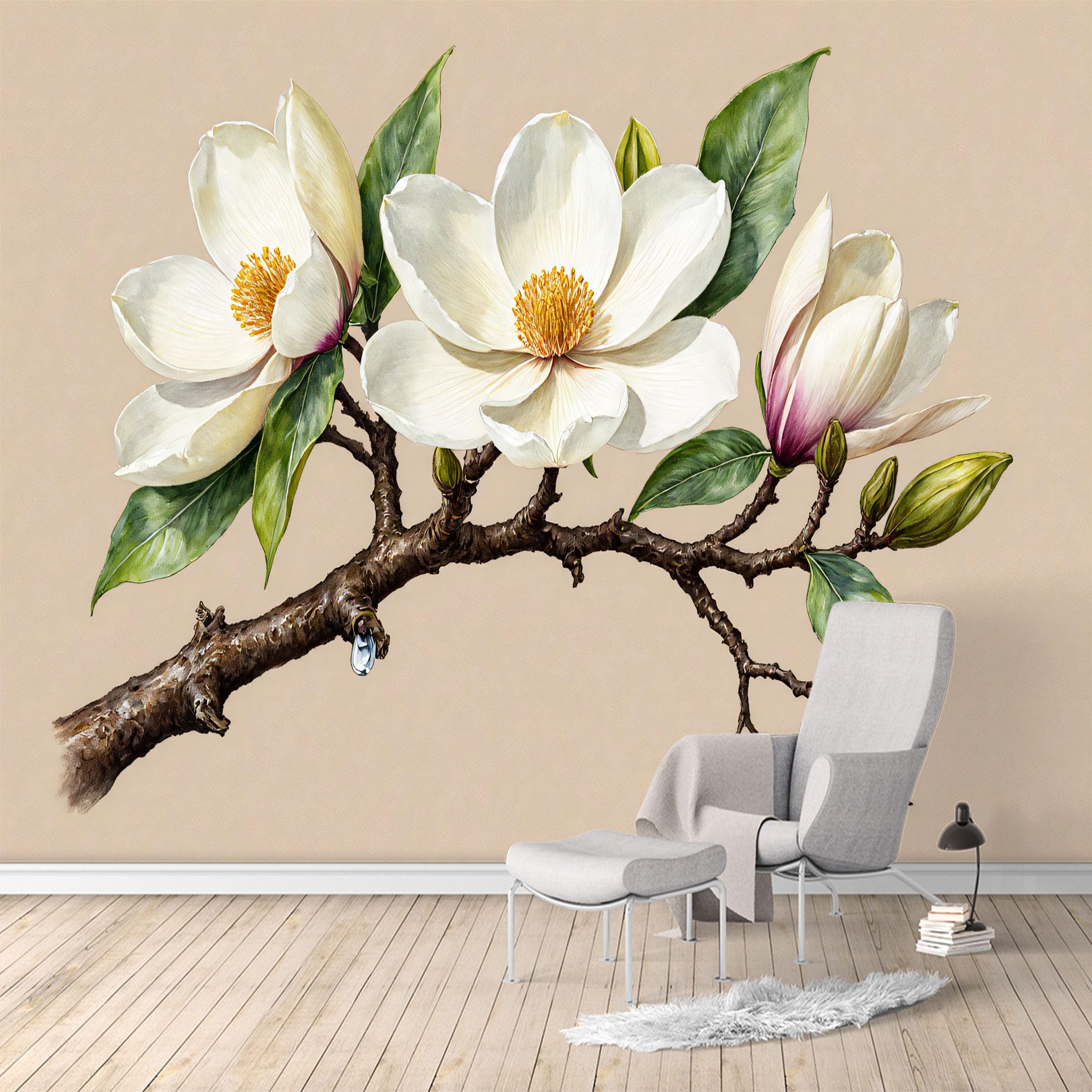 Custom Size Wall Murals, White Magnolia Blossom Branch Botanical Art, SelfAdhesive Water Activated Removable Wall Covering, Large Photo Wallpaper for Living Room Bedroom Office